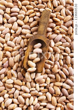 Beans and wooden spoon on a table, copy spase 119669530