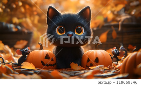 Adorable Halloween greeting card featuring a black cat with pumpkins and mice in a 3D cartoon setting. 119669546