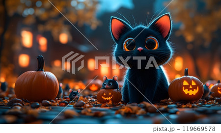 3D cartoon Halloween scene with a black cat, pumpkins, and mice, designed for festive trick or treat banners. 119669578