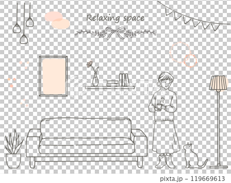Hand-drawn stylish room, woman and cat line drawing illustration set 119669613