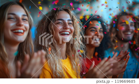 Group of happy individuals standing in a circle, clapping and smiling at each other, their celebration of victory highlighted by colorful confetti. 119669685