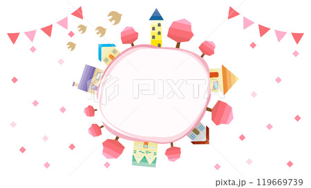 シンプルな街並みのイラスト　枠　背景 　春 119669739