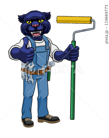 Panther Painter Decorator Paint Roller Mascot Man Panther Painter Decorator Paint Roller Mascot Man 119669773
