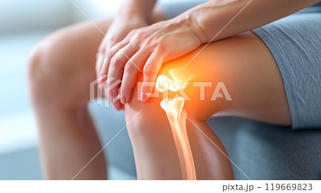 Close-Up of Knee Joint with Pain and Inflammation Highlighted in 3D Illustration_1 Close-Up of Knee Joint with Pain and Inflammation Highlighted in 3D Illustration_1 119669823