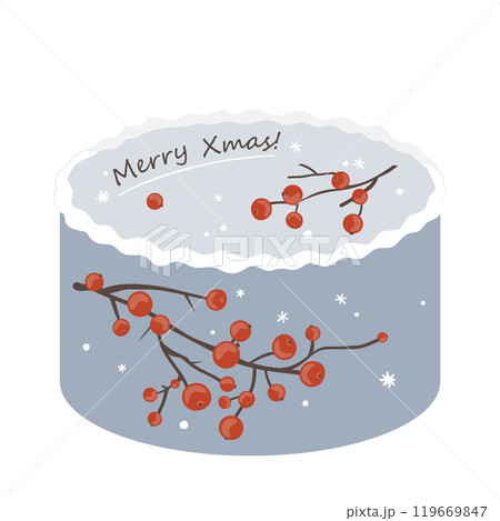 Christmas bento cake decorated with red berry branches. Xmas sweet cake, isolated vector illustration 119669847