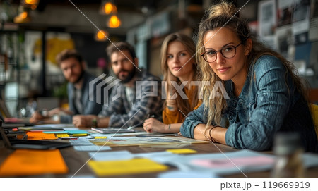 Dynamic business team brainstorming together in a stylish workspace, sharing ideas and collaborating on innovative solutions. 119669919