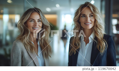 Two successful businesswomen walking in the office, smiling as they discuss strategic plans, their professional connection and teamwork clear in their confident conversation. 119670042