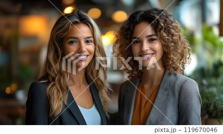 Professional women walking together in an office setting, their conversation focused on planning and strategy, their mutual respect and successful partnership clear. 119670046