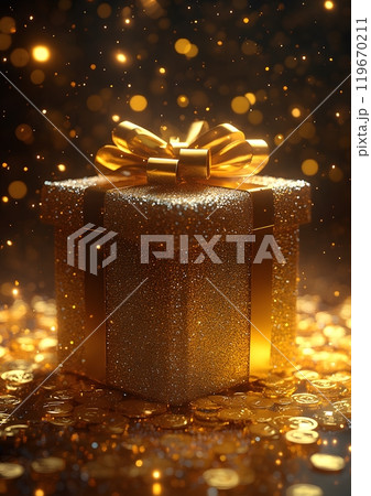 Gift box atop a 3D podium, surrounded by scattered gold coins, with a radiant yellow light background, perfect for coupon code promotion designs. 119670211