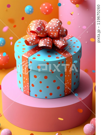 Gift box opening on a podium with colorful 3D elements, perfect for online shopping site headers or social media promotions, in a cartoon flat vector style. 119670260
