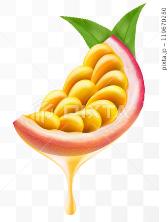 Passion fruit juice dripping from fresh slice juicy passion fruit, isolated on transparent background. Ripe passion fruit or passiflora edulis. Realistic 3d Vector illustration of tropical fruits. 119670280