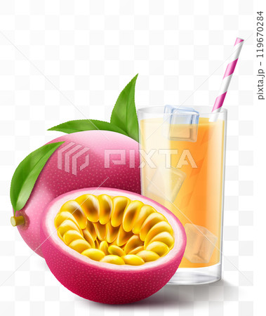 A glass of fresh passion fruit juice or smoothie with ice cubes and straw. Cup of cocktail or yogurt with ripe sweet passiflora edulis fruits, isolated on transparent background. Realistic 3d vector A glass of fresh passion fruit juice or smoothie with ice cubes and straw. Cup of cocktail or yogurt with ripe sweet passiflora edulis fruits, isolated on transparent background. Realistic 3d vector 119670284
