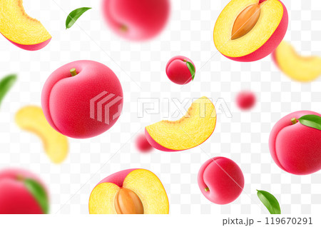 Flying ripe plum. Bright advertising background falling juicy sweet plums, realistic illustration with blurred effect. 3d vector design for advertising banners and web page design 119670291