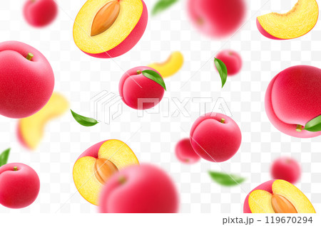 Flying ripe plum. Bright advertising background falling juicy sweet plums, realistic illustration with blurred effect. 3d vector design for advertising banners and web page design Flying ripe plum. Bright advertising background falling juicy sweet plums, realistic illustration with blurred effect. 3d vector design for advertising banners and web page design 119670294
