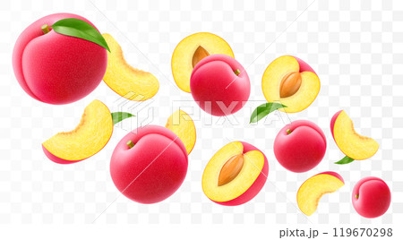 Flying ripe plum. Bright advertising background falling juicy sweet plums, realistic illustration with blurred effect. 3d vector design for advertising banners and web page design Flying ripe plum. Bright advertising background falling juicy sweet plums, realistic illustration with blurred effect. 3d vector design for advertising banners and web page design 119670298