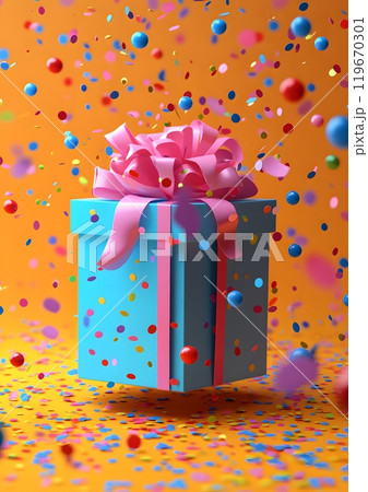 3D elements floating out of an opening gift box on a podium, set against a vibrant background, ideal for e-commerce site banners or social media campaigns, in cartoon flat vector style. 119670301