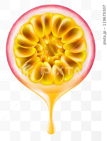 Passion fruit juice dripping from fresh slice juicy passion fruit, isolated on transparent background. Ripe passion fruit or passiflora edulis. Realistic 3d Vector illustration of tropical fruits. Passion fruit juice dripping from fresh slice juicy passion fruit, isolated on transparent background. Ripe passion fruit or passiflora edulis. Realistic 3d Vector illustration of tropical fruits. 119670307