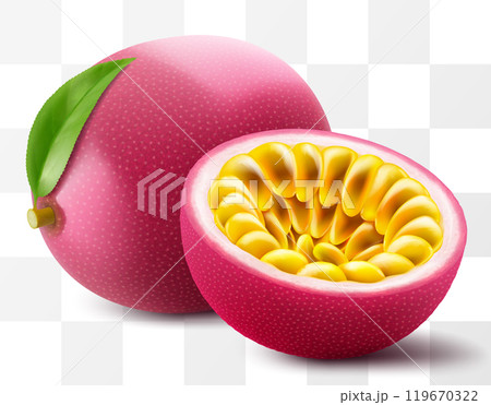 Passion fruit whole fruit and half sliced isolated on transparent background. Ripe purple passion fruit or passiflora edulis for package design. Realistic 3d Vector illustration of tropical fruits. Passion fruit whole fruit and half sliced isolated on transparent background. Ripe purple passion fruit or passiflora edulis for package design. Realistic 3d Vector illustration of tropical fruits. 119670322