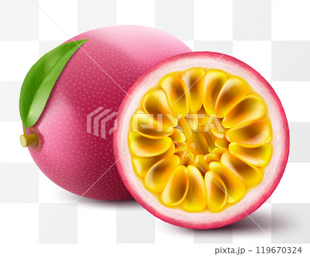 Passion fruit whole fruit and half sliced isolated on transparent background. Ripe purple passion fruit or passiflora edulis for package design. Realistic 3d Vector illustration of tropical fruits. Passion fruit whole fruit and half sliced isolated on transparent background. Ripe purple passion fruit or passiflora edulis for package design. Realistic 3d Vector illustration of tropical fruits. 119670324
