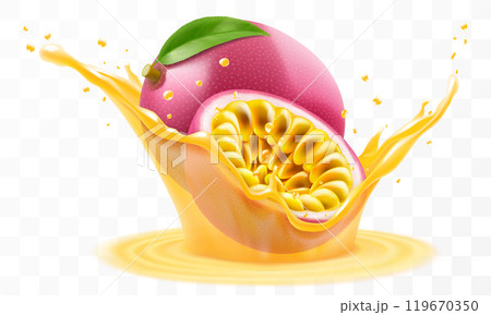 Exotic, tropical passion fruit falls in splash of juice or smoothie, splash of vitamin cocktail with drops, juice splash with ripe purple passion fruit. Realistic 3d vector illustration 119670350