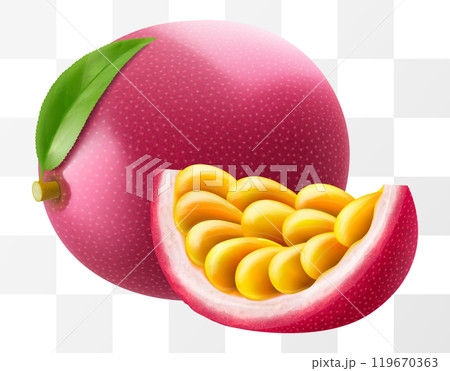 Passion fruit whole fruit and slice isolated on transparent background. Ripe purple passion fruit or passiflora edulis for package design. Realistic 3d Vector illustration of tropical fruits. Passion fruit whole fruit and slice isolated on transparent background. Ripe purple passion fruit or passiflora edulis for package design. Realistic 3d Vector illustration of tropical fruits. 119670363
