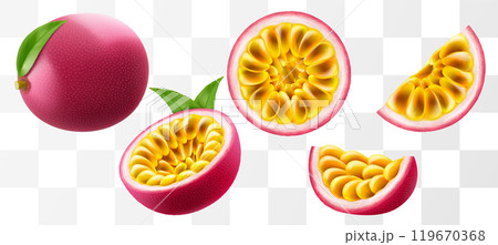 Passion fruit. whole fruit, half and sliced isolated on transparent background. Set of ripe passion fruit or passiflora edulis for package design. Realistic 3d Vector illustration of tropical fruits. 119670368