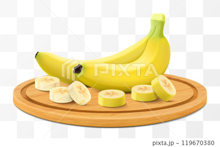 Ripe tasty banana on a wooden tray. Whole banana and pieces of yellow sweet banana on cutting board isolated on transparent background. Realistic 3d vector illustration 119670380
