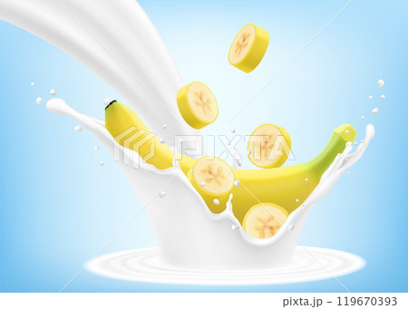 Fresh ripe yellow banana falls into a splash of yogurt or milk, cocktail splash with drops, Milkshake splash with sweet exotic fruit. Realistic 3d vector illustration 119670393