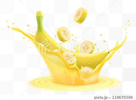 Fresh fruit banana juice. Yellow ripe banana falls into a splash of juice, isolated on transparent background. Realistic 3d vector illustration. Summer vitamin food and drink. Banana smoothie splash 119670399