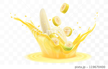 Fresh fruit banana juice. Yellow ripe banana falls into a splash of juice, isolated on transparent background. Realistic 3d vector illustration. Summer vitamin food and drink. Banana smoothie splash 119670400