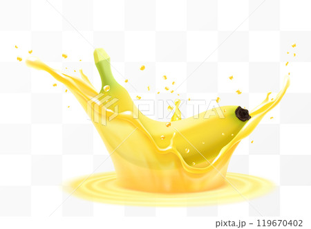 Fresh fruit banana juice. Yellow ripe banana falls into a splash of juice, isolated on transparent background. Realistic 3d vector illustration. Summer vitamin food and drink. Banana smoothie splash 119670402