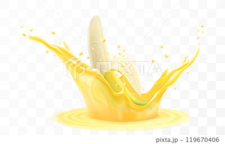 Fresh fruit banana juice. Yellow ripe banana falls into a splash of juice, isolated on transparent background. Realistic 3d vector illustration. Summer vitamin food and drink. Banana smoothie splash Fresh fruit banana juice. Yellow ripe banana falls into a splash of juice, isolated on transparent background. Realistic 3d vector illustration. Summer vitamin food and drink. Banana smoothie splash 119670406