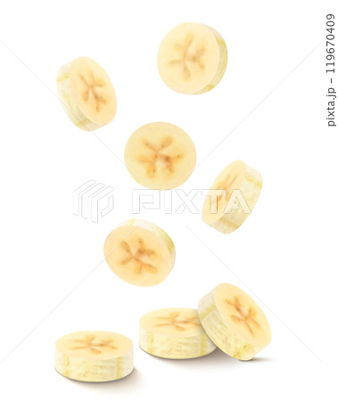 Falling sliced banana isolated on transparent background. Ripe peeled circular pieces of yellow banana. natural sweet and healthy snack, dessert of tropical fruit. Realistic 3d vector illustration. 119670409
