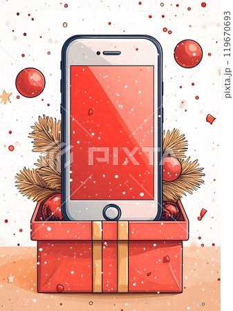Cartoon flat vector of a smartphone in a gift box, white background, perfect for online shopping banners, emphasizing modern tech features. 119670693