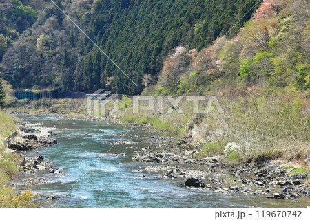 水郡線「奥久慈の新緑と久慈川沿いを走る列車」 119670742