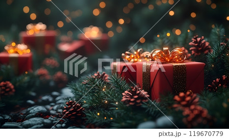 Christmas-themed vector layout showcasing 3D red presents, glowing garland, and detailed green foliage, perfect for creating a festive seasonal atmosphere. 119670779