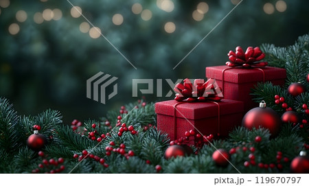 Stylish Xmas vector layout showcasing 3D red gift boxes, glowing garland, and detailed green foliage, ideal for a festive and elegant holiday design. 119670797