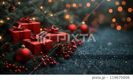 Elegant Christmas vector illustration with 3D decorative elements like red presents, glowing garland, and evergreen branches arranged in a stylish holiday design. 119670806