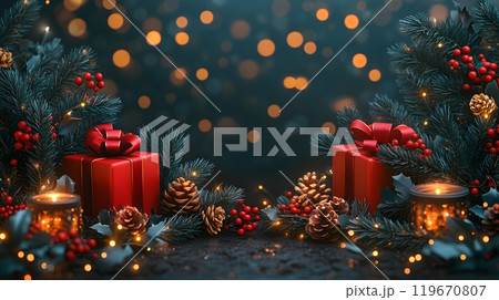 Elegant Christmas vector illustration with 3D decorative elements like red presents, glowing garland, and evergreen branches arranged in a stylish holiday design. 119670807