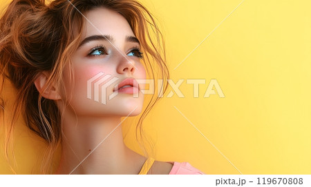Beautiful young woman posing on yellow background, for product presentation or makeup, focus on face. 119670808