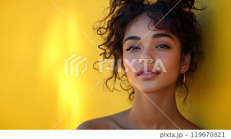 Beautiful young woman posing on yellow background, for product presentation or makeup, focus on face. Beautiful young woman posing on yellow background, for product presentation or makeup, focus on face. 119670821