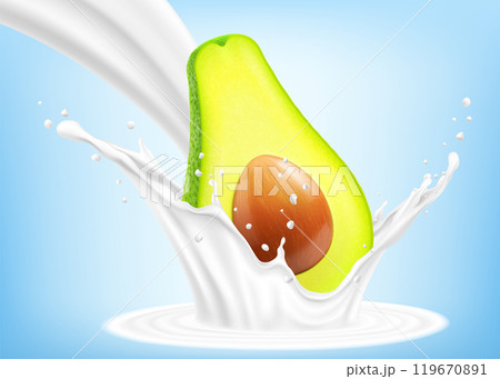 Fresh ripe avocado falls into a splash of yogurt or milk, cocktail splash with drops, Milkshake splash with green juicy avocado fruit. Realistic 3d vector illustration Fresh ripe avocado falls into a splash of yogurt or milk, cocktail splash with drops, Milkshake splash with green juicy avocado fruit. Realistic 3d vector illustration 119670891