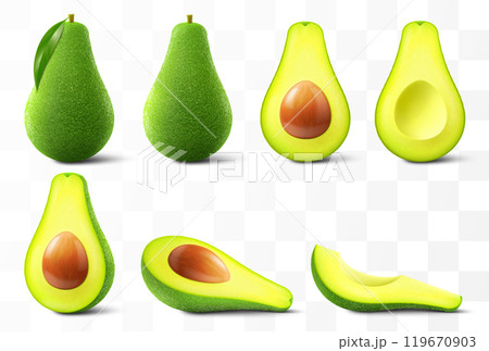 Fresh fruit avocado isolated on transparent background. Whole, slices and halved avocado with bone. Green avocado for healthy eating. Realistic 3d vector illustration. Fresh fruit avocado isolated on transparent background. Whole, slices and halved avocado with bone. Green avocado for healthy eating. Realistic 3d vector illustration. 119670903