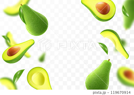 Flying ripe fresh avocado. Bright advertising background falling juicy fruit avocado. Realistic illustration with blurred effect. 3d vector design for advertising banners and web page design 119670914