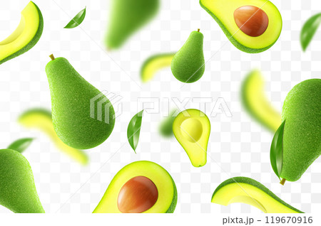 Flying ripe fresh avocado. Bright advertising background falling juicy fruit avocado. Realistic illustration with blurred effect. 3d vector design for advertising banners and web page design 119670916