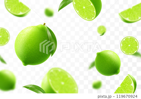 Flying ripe lime. Bright advertising background falling juicy green lime, realistic illustration with blurred effect. 3d vector design for advertising banners and web page design Flying ripe lime. Bright advertising background falling juicy green lime, realistic illustration with blurred effect. 3d vector design for advertising banners and web page design 119670924