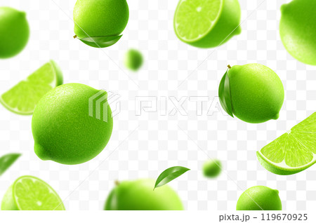 Flying ripe lime. Bright advertising background falling juicy green lime, realistic illustration with blurred effect. 3d vector design for advertising banners and web page design Flying ripe lime. Bright advertising background falling juicy green lime, realistic illustration with blurred effect. 3d vector design for advertising banners and web page design 119670925