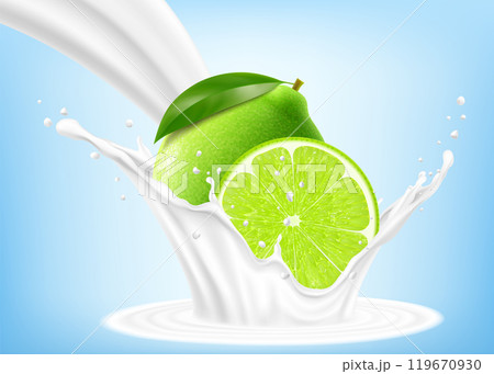 Fresh ripe lime falls into a splash of yogurt or milk, cocktail splash with drops, Milkshake splash with sweet juicy citrus fruit. Realistic 3d vector illustration 119670930