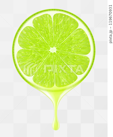 Lime juice dripping from fresh ripe lime, isolated on transparent background. Green ripe lime with fresh juice. Bright summer tropical design. Realistic 3d vector illustration 119670931