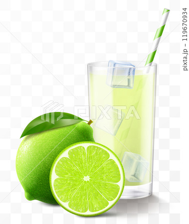 A glass of fresh mojito or lemonade with ice cubes and a straw. juice or smoothie with lime fruits isolated on transparent background. Realistic 3d vector illustration. A glass of fresh mojito or lemonade with ice cubes and a straw. juice or smoothie with lime fruits isolated on transparent background. Realistic 3d vector illustration. 119670934